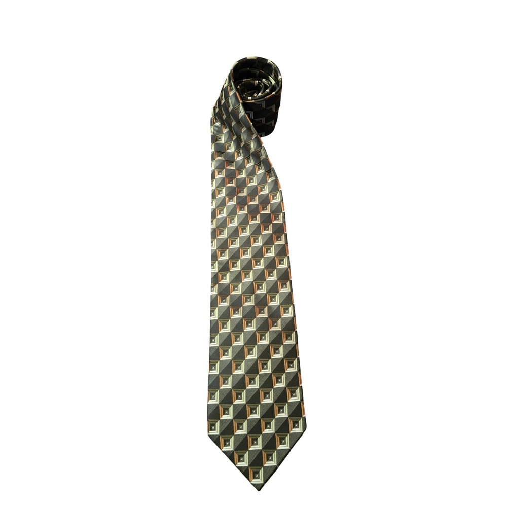 Alexander Julian Colours Geometric Square Silk-Look Green Bronze Tie Hand Made